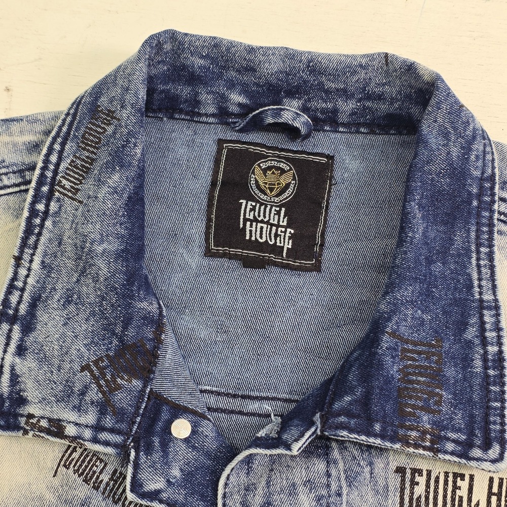 Jewel House AOP Logo Jean Jacket Distressed Wash Denim Button Vest Men's XL - Picture 4 of 10